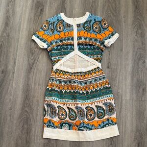 STAUD Orange and Green Paisley Mini Dress